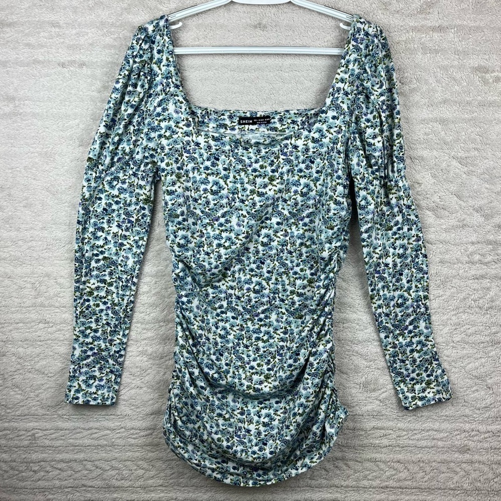 Cottagecore Floral Ruched Top Ditzy Print Puff Sleeve Large Square Neckline